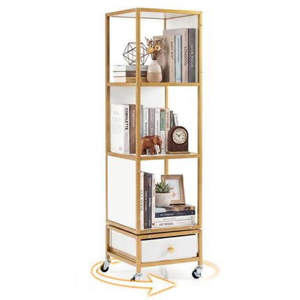 Dreamade 4-Tier Rotating Bookshelf | 360° Spinning Corner Book Shelf Tower W/Removable Fabric Storage Drawer