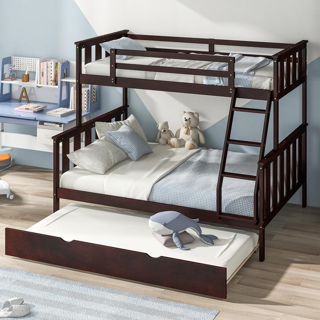 Dreamade Twin Over Full Bunk Bed with Trundle, Reversible Ladder & Safety Guardrails