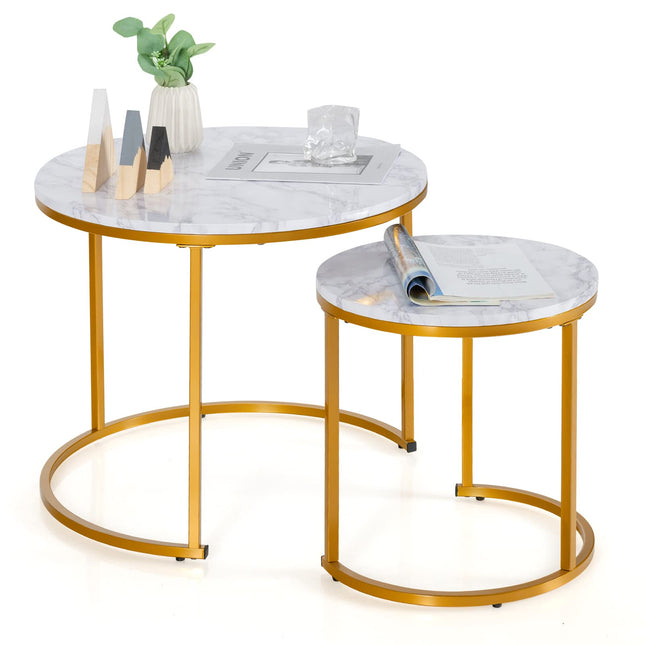 Dreamade Nesting Coffee Table Set of 2, Round Stacking Side Tables with Wooden Tabletop & Powder Coated Steel Frame