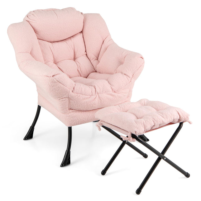 Dreamade Set of 1/2 Lazy Chair with Folding Ottoman, Modern Sherpa Accent Chair w/Armrests & Pocket