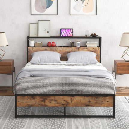 Dreamade Full Bed Frame with Storage Headboard and Charging Station, with Outlets and USB Ports