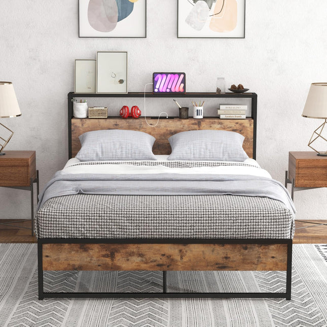 Dreamade Full Bed Frame with Storage Headboard and Charging Station, with Outlets and USB Ports