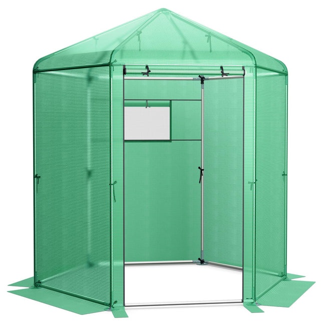 Dreamade 7 x 6 x 7.5 FT Greenhouse, Large Hexagonal Walk in Greenhouse Outdoor with Heavy-Duty Metal Frame