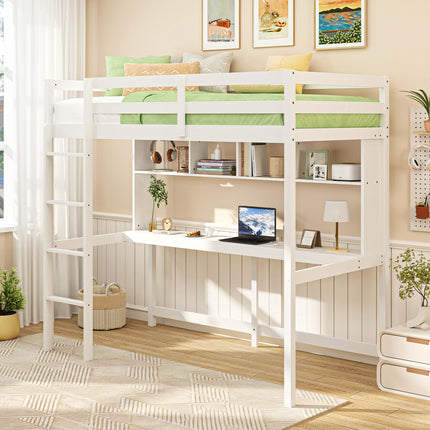 Dreamade Solid Wood Twin Loft Bed with Desk and Bookcase
