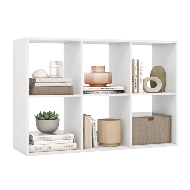 Dreamade 6-Cube Bookcase, White Cubby Bookshelf w/Back Guardrail & Anti-Tipping Kits