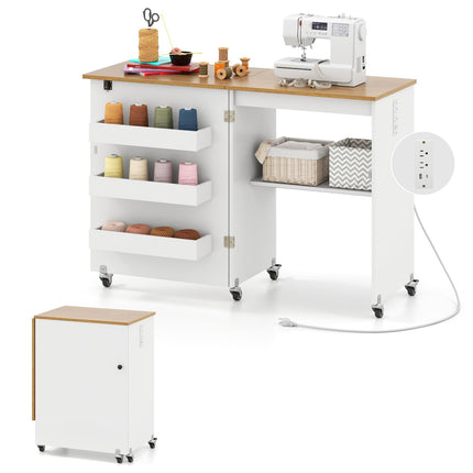 Dreamade Folding Sewing Table with Charging Station