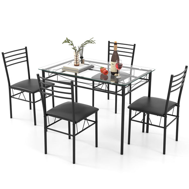 Dreamade 5 Piece Dining Table Set, Kitchen Dining Set with Tempered Glass Table Top and 4 Upholstered Chairs (Black)