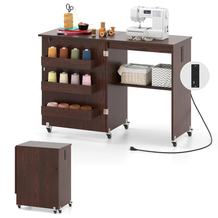 Dreamade Folding Sewing Table with Charging Station