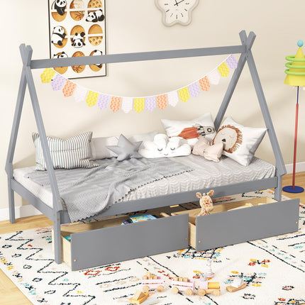 Dreamade Twin Bed Frame with 2 Storage Drawers, Wood House Tent Platform Bed Frame with Triangle Structure