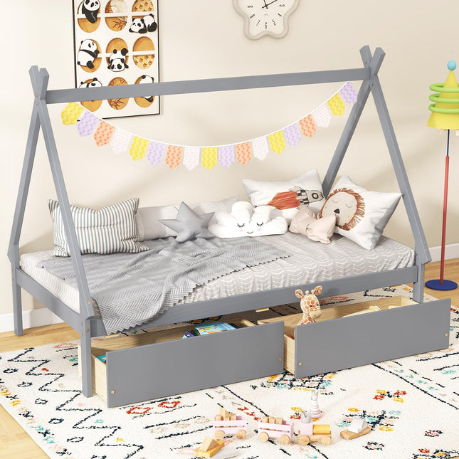 Dreamade Twin Bed Frame with 2 Storage Drawers, Wood House Tent Platform Bed Frame with Triangle Structure