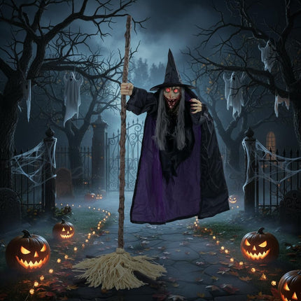DREAMADE 6.6 FT Halloween Animatronics Flying Witch on Broom Decorations