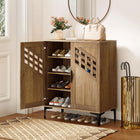 Dreamade 4-Tier Wooden Shoe Organizer Cabinet with Hollow Woven Doors & 3 Removable Shelves