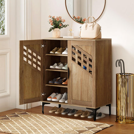 Dreamade 4-Tier Wooden Shoe Organizer Cabinet with Hollow Woven Doors & 3 Removable Shelves