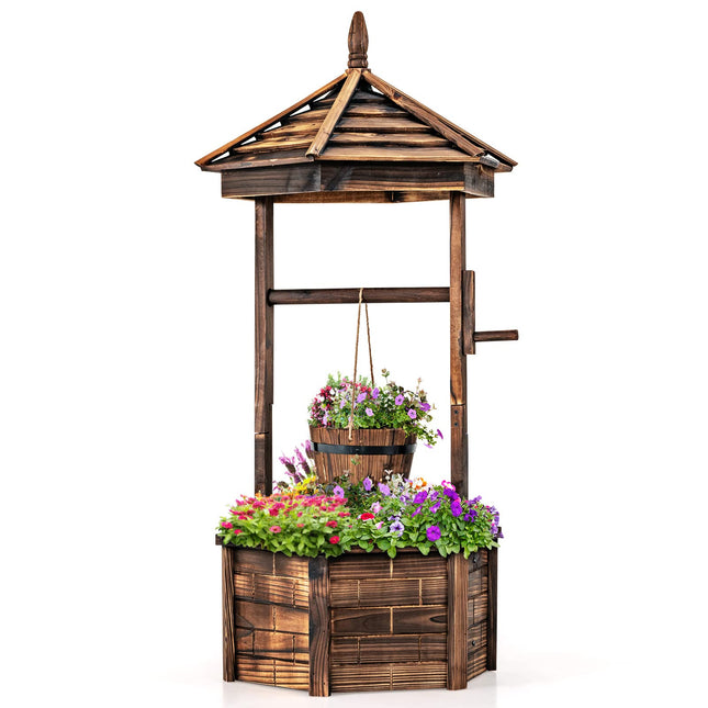 Dreamade Rustic Wooden Wishing Well Planter with Hanging Bucket, Roof Shadow