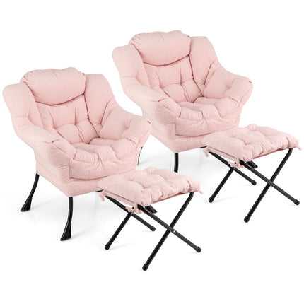 Dreamade Set of 1/2 Lazy Chair with Folding Ottoman, Modern Sherpa Accent Chair w/Armrests & Pocket