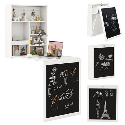 Dreamade Foldable Wall Mounted Desk with Storage Shelves Hooks & Chalkboard