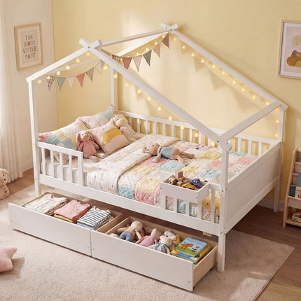 Dreamade Full Size House Bed with Roof and Fence Rails for Kid