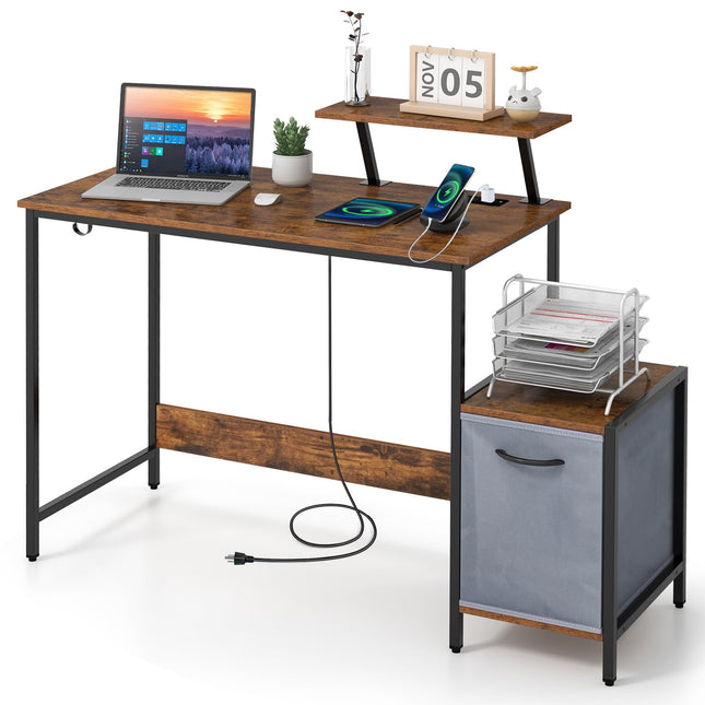 Dreamade Computer Desk with Drawer and Power Outlet, Home Office Desk with Reversible Storage Drawer