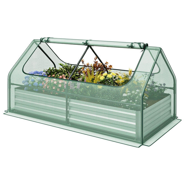 Dreamade Galvanized Steel Raised Garden Bed with Mini Greenhouse, Outdoor Metal Planter Box Kit with Large Roll-up Cover