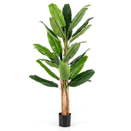 Dreamade 6.5 FT Tall Artificial Banana Tree, Fake Banana Tree w/ 27 Large Leaves, Triple Stalks, Natural Bark