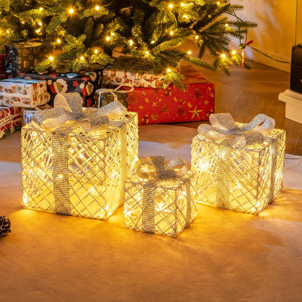 Dreamade Set of 3 Christmas Lighted Gift Boxes, 90 LED Light up Present Boxes with Bows