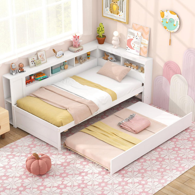 Dreamade Twin Daybed with Trundle, Wood Twin Bed Frames with Storage Headboard, Reversible Bookcase