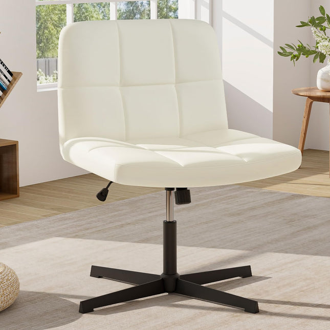 Dreamade Criss Cross Chair, PU Leather Cross Legged Office Chair No Wheels, Height-adjustable Swivel Vanity Chair with U-shaped Seat