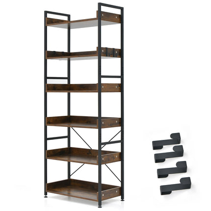Dreamade Industrial 6-Tier Bookshelf, 70" Tall Freestanding Storage Display Shelf with 4 Hooks