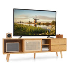 Dreamade Bamboo TV Stand for 55 60 65 Inch TV, PE Rattan Entertainment Center with Sliding Doors