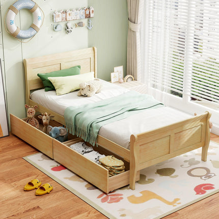 Dreamade Twin/ Full/ Queen Bed with 2 Storage Drawers Wood Platform Bed with Headboard & Footboard