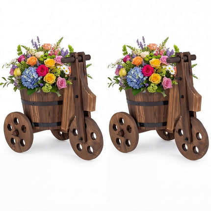 Dreamade Wooden Wagon Planter with Wheels Rustic Wood Plant Stand(Solid Wheel)