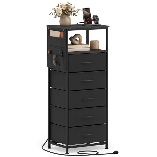 Dreamade Modern 39" Bedside Table with Integrated Charging Station & 5 Fabric Drawers (1/2)