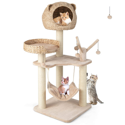 Dreamade Wooden Cat Tree, 48 inches Cat Tower with Cattail Condo, Cat Bed, Hammock, Rotatable Jingling Balls
