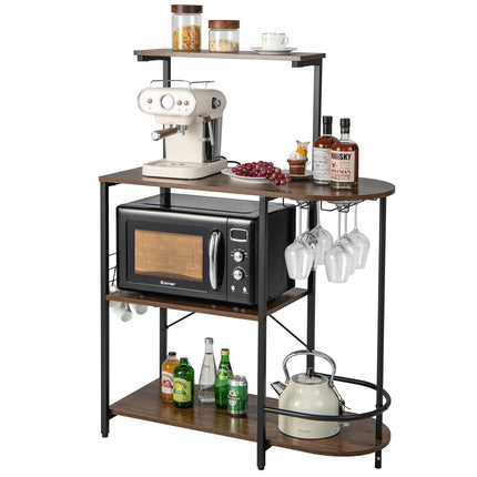 Dreamade Kitchen Bakers Rack, 4-Tier Microwave Stand with 6 Hooks & Stemware Racks (Rustic Brown)