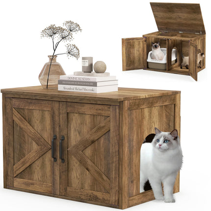 Dreamade Cat Litter Box Enclosure - Flip Top Litter Box Hidden Furniture with Barn Door, Side Entrance