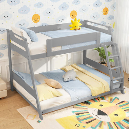 Dreamade Wood Bunk Beds Twin Over Full Size, Solid Wood Floor Low Bunk Bed w/Removable Ladder