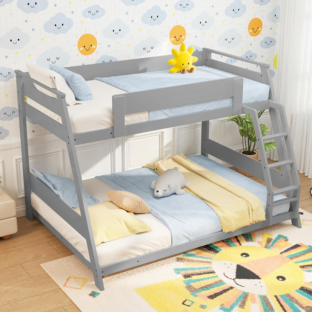 Dreamade Wood Bunk Beds Twin Over Full Size, Solid Wood Floor Low Bunk Bed w/Removable Ladder