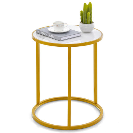 Dreamade Faux Marble Side Table, Round End Table with Golden Metal Frame and White Marble Top