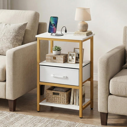 Dreamade Nightstand with Charging Station and Adjustable Fabric Drawer for Bedroom and Living Room
