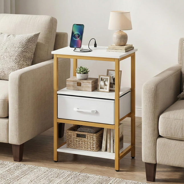 Dreamade Nightstand with Charging Station and Adjustable Fabric Drawer for Bedroom and Living Room