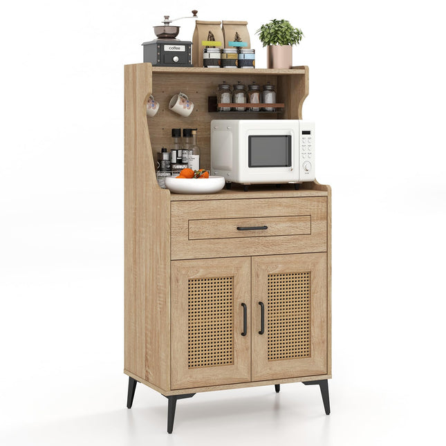 Dreamade 45.5” Kitchen Pantry Cabinet, Buffet Sideboard w/Hutch, PVC Rattan Door