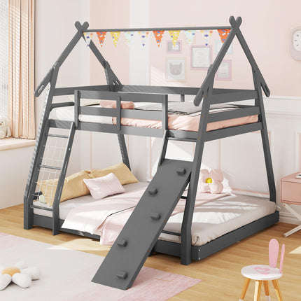Dreamade Twin Over Queen Bunk Bed, Wood House Bunk Bed for Kids with Climbing Nets and Ramp