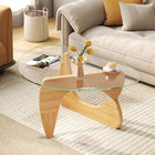 Dreamade Triangle Glass Coffee Table, Solid Wood Tea Table with Tempered Glass Top & Adjustable Base