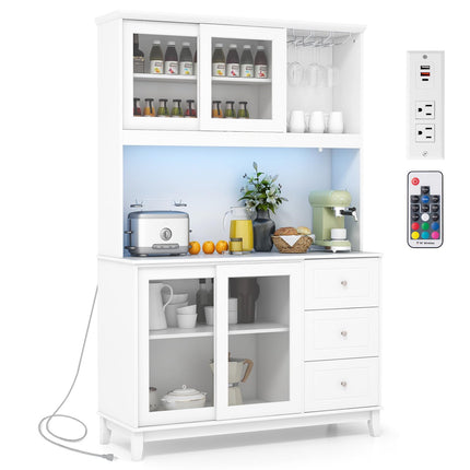 Dreamade 73" Kitchen Pantry Storage Cabinet, Hutch Cabinet with LED Lights & Power Outlet, Kitchen Buffet Cabinet w/Wine Glass Racks