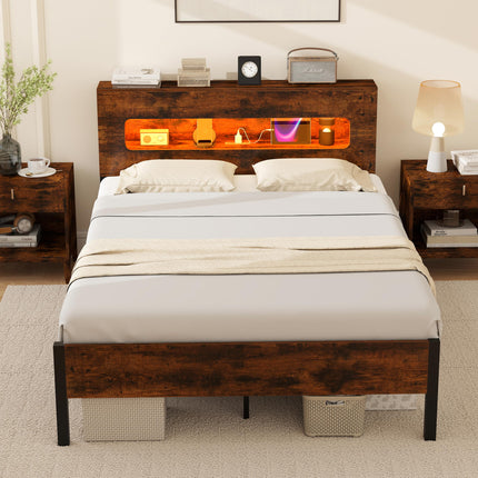 Dreamade Full Size Bed Frame with LED Lights & Charging Station