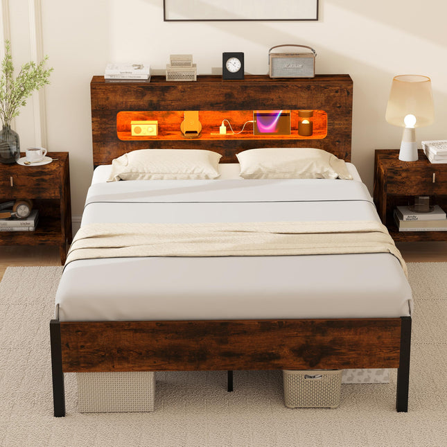 Dreamade Full Size Bed Frame with LED Lights & Charging Station