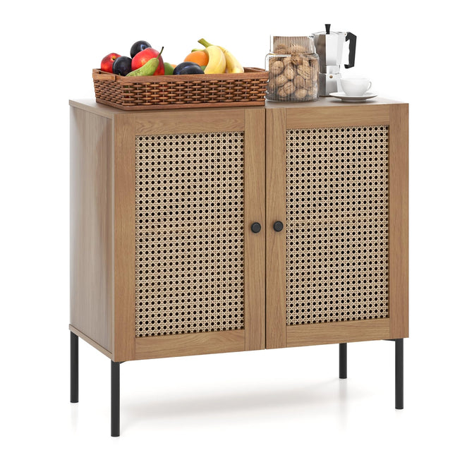 Dreamade Buffet Cabinet, Wood Sideboard Storage Cabinet with Rattan Door, 3-Position Adjustable Shelf