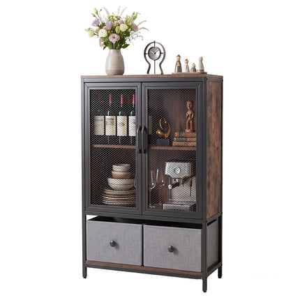Dreamade Industrial Coffee Bar Cabinet with Adjustable Shelves & 2 Removable Cloth Drawers