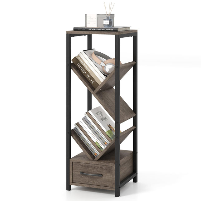 Dreamade Tree Bookshelf with Drawer, 4-Tier Narrow Bookcase with Metal Frame, Tall Floor Standing Storage Organizer for Small Space