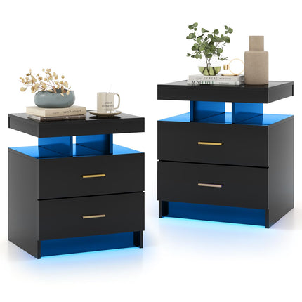 Dreamade LED Nightstand, Modern Black Bedside Tables with 2 Storage Drawers
